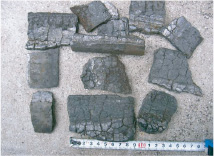 Scale (coking) removed from the furnace tube. The pipelines are usually inspected using radiographic testing (RT) before and after pigging to measure the effect of cleaning.

